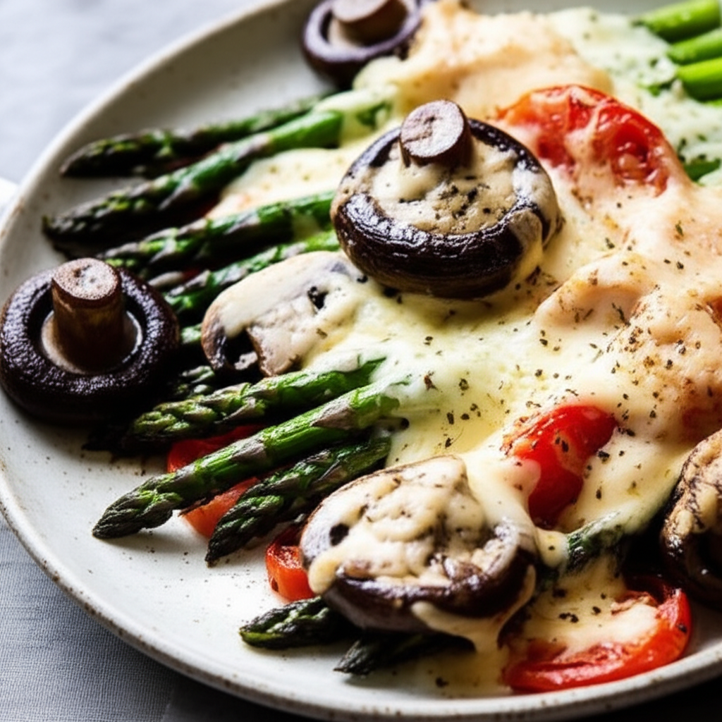 Asparagus Mushroom And Tomato Bake With Seasoned Cheese Sauce image
