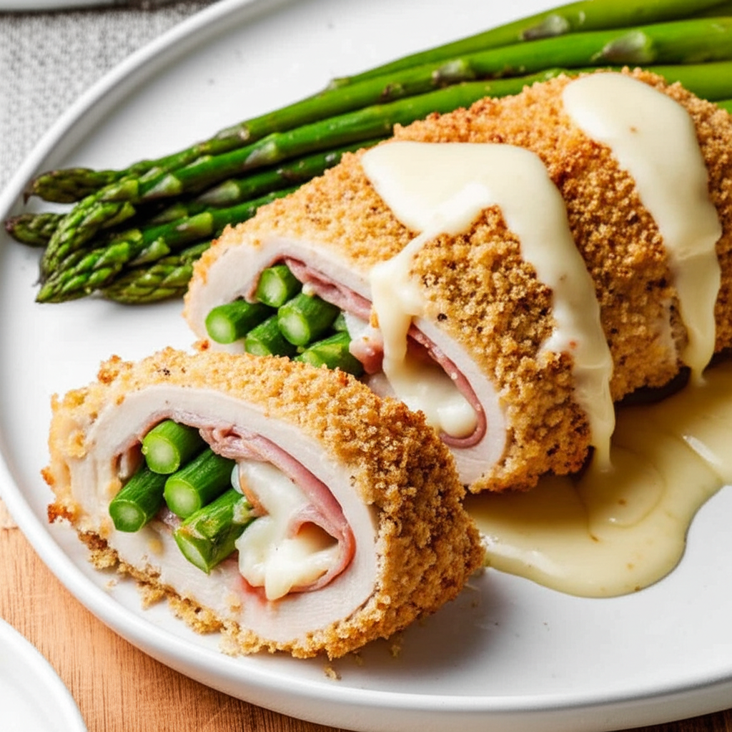 Asparagus Stuffed Chicken Cordon Bleu With A Creamy Wine Sauce image