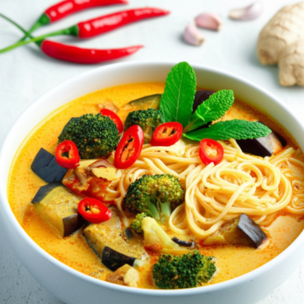 Aubergine Eggplant And Broccoli Laksa image