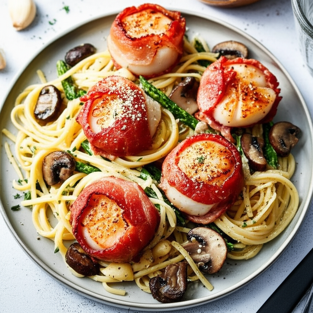 Aunt Diane S Bacon Scallops With Portabella Parmesan Pasta image