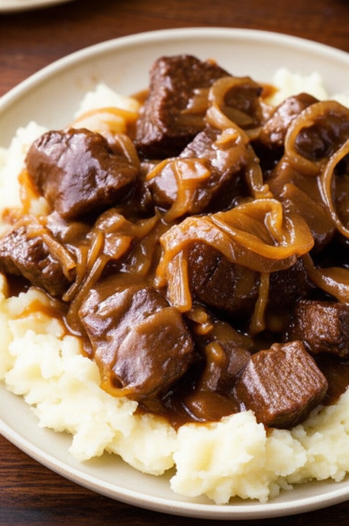 Aunt Juju S Beef Tips With Caramelized Onions image