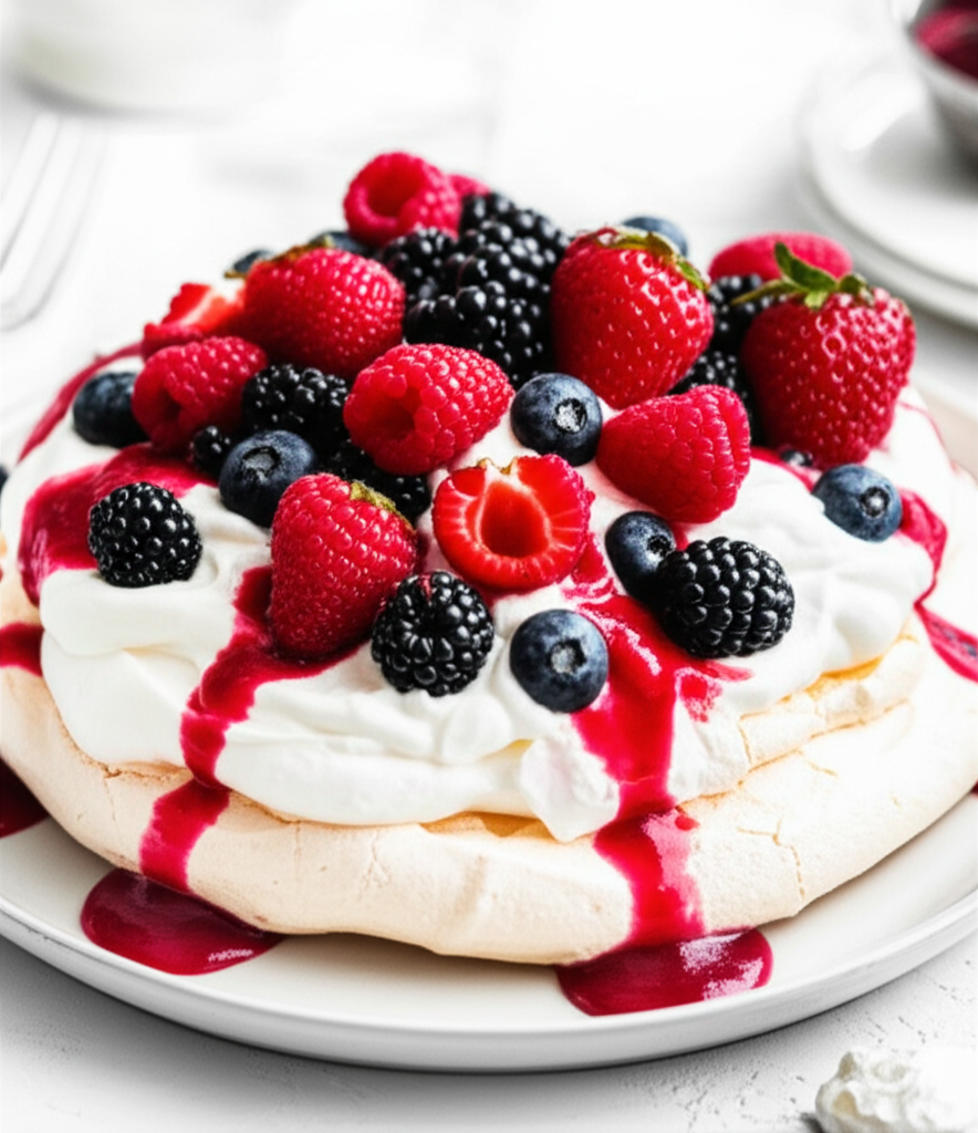 Australian Pavlovas With Fresh Berries And Strawberry Puree image