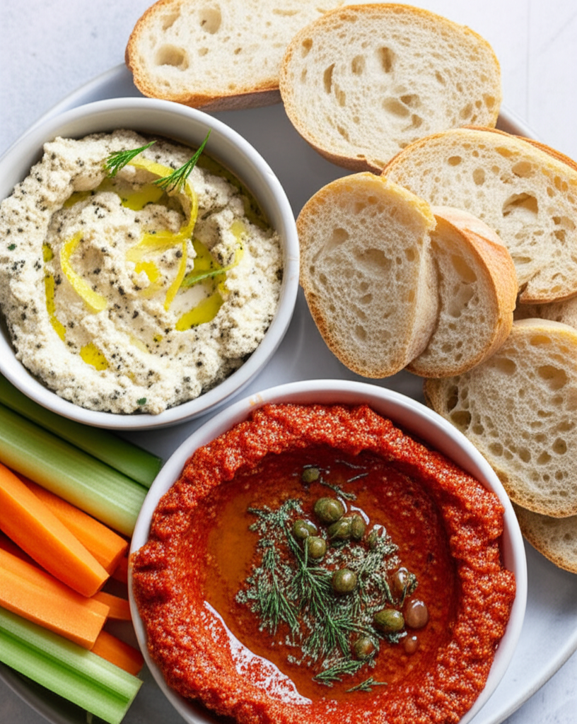 2 Vegetarian Dips Served W Crudites Baguette Bread image