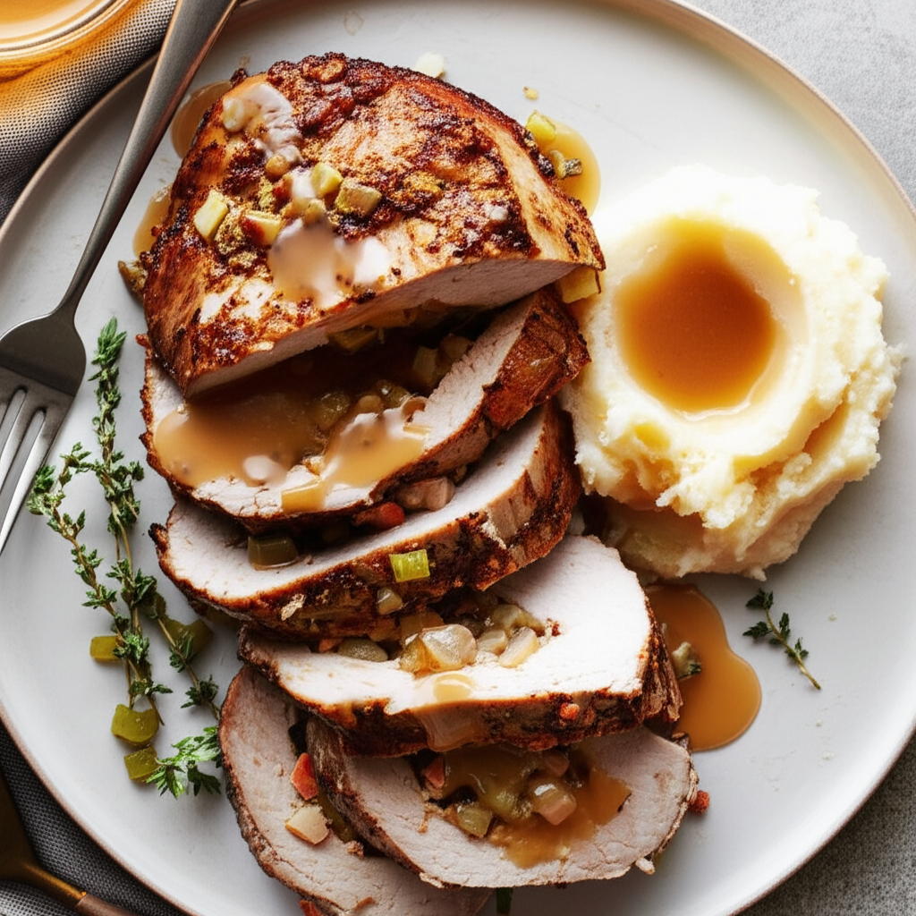 Autumn Stuffed Pork Loin With Cider Gravy image