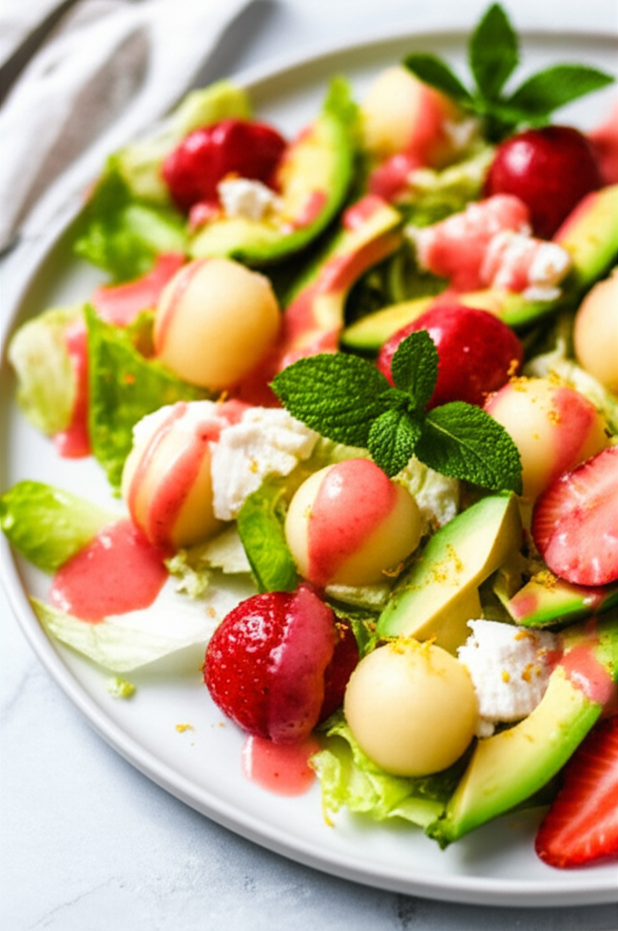 Avocado Melon Salad With Strawberry Dressing image