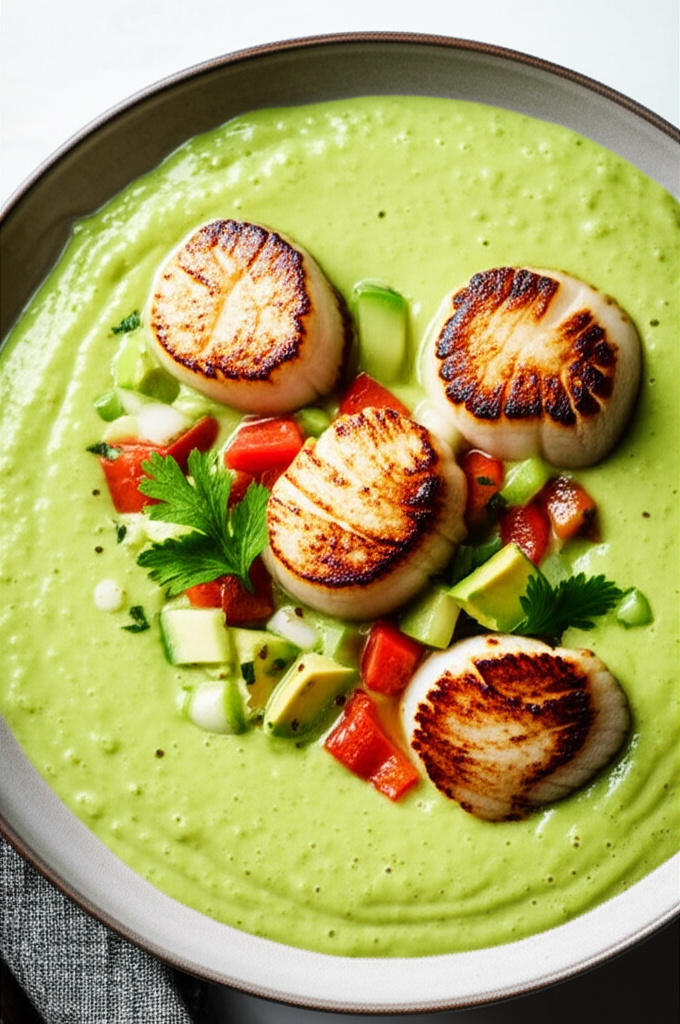 Avocado And Roasted Red Pepper Gazpacho With Scallops image
