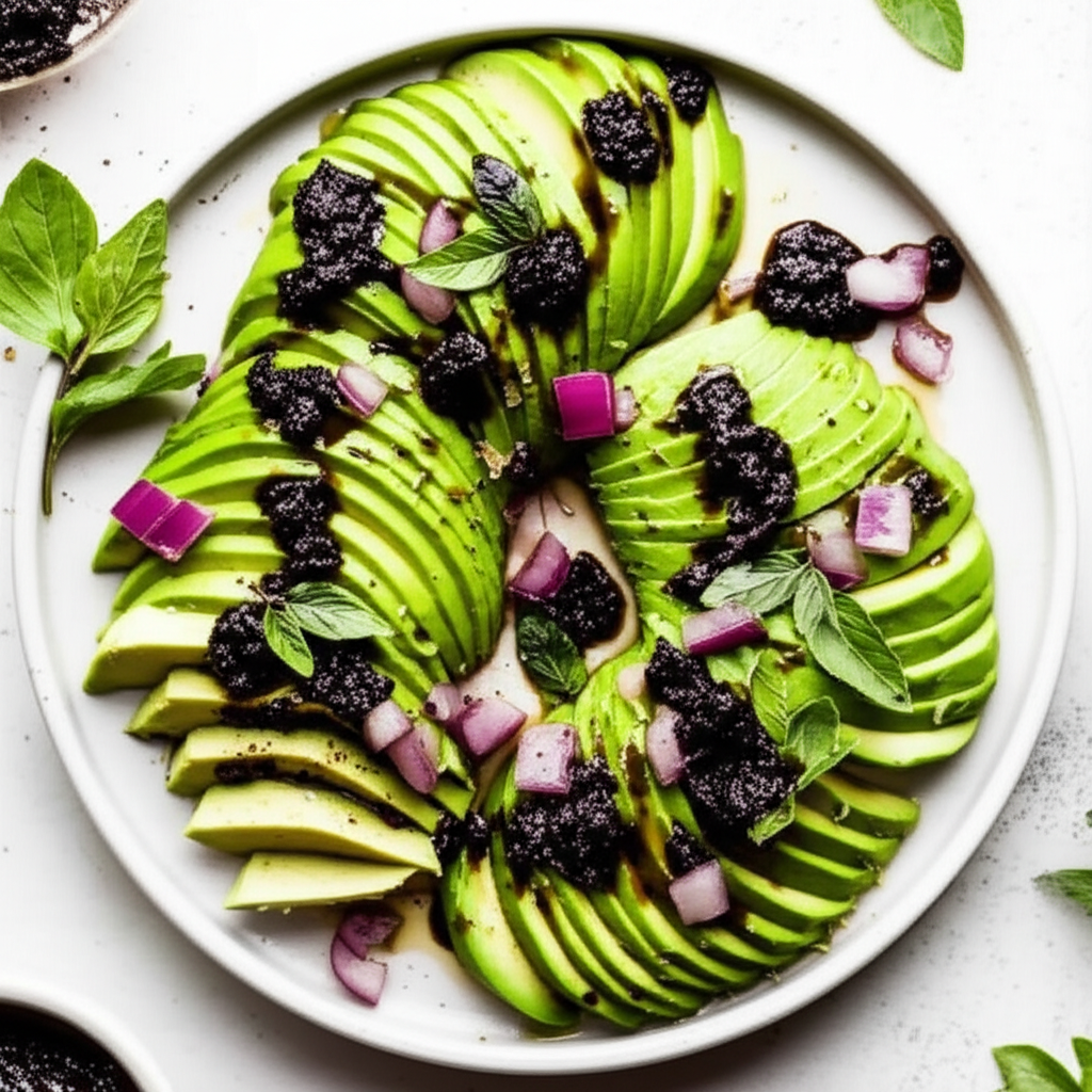 Avocado Fans With Black Olive Vinaigrette image