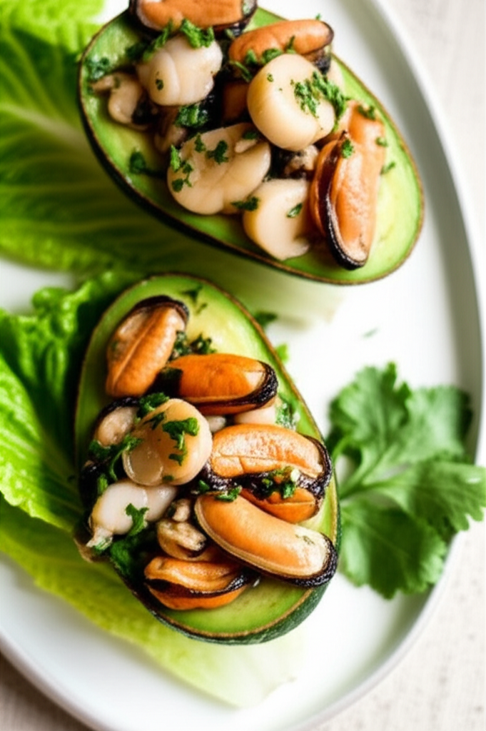 Avocado Filled With Marinated Scallops And Mussels image