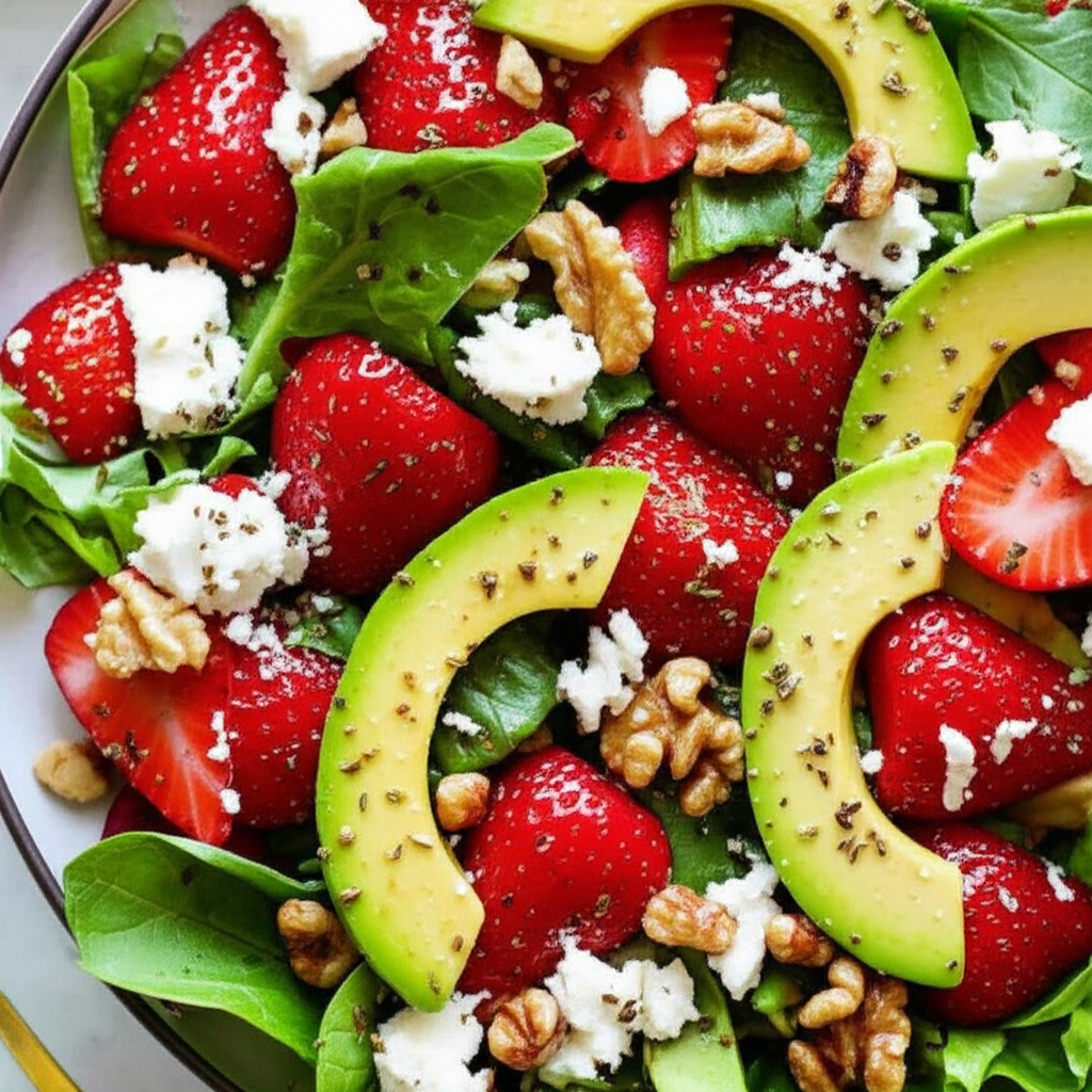 Avocado Strawberry Salad With Feta And Walnuts In A Tarragon Vin image