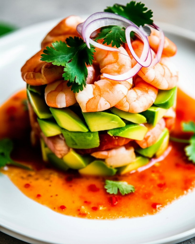 Avocado Tower With Tomato And Almond Sauce And Some Shrimp image