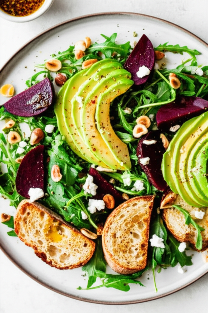 Avocado Beet And Arugula Salad With Chevre Tartine image
