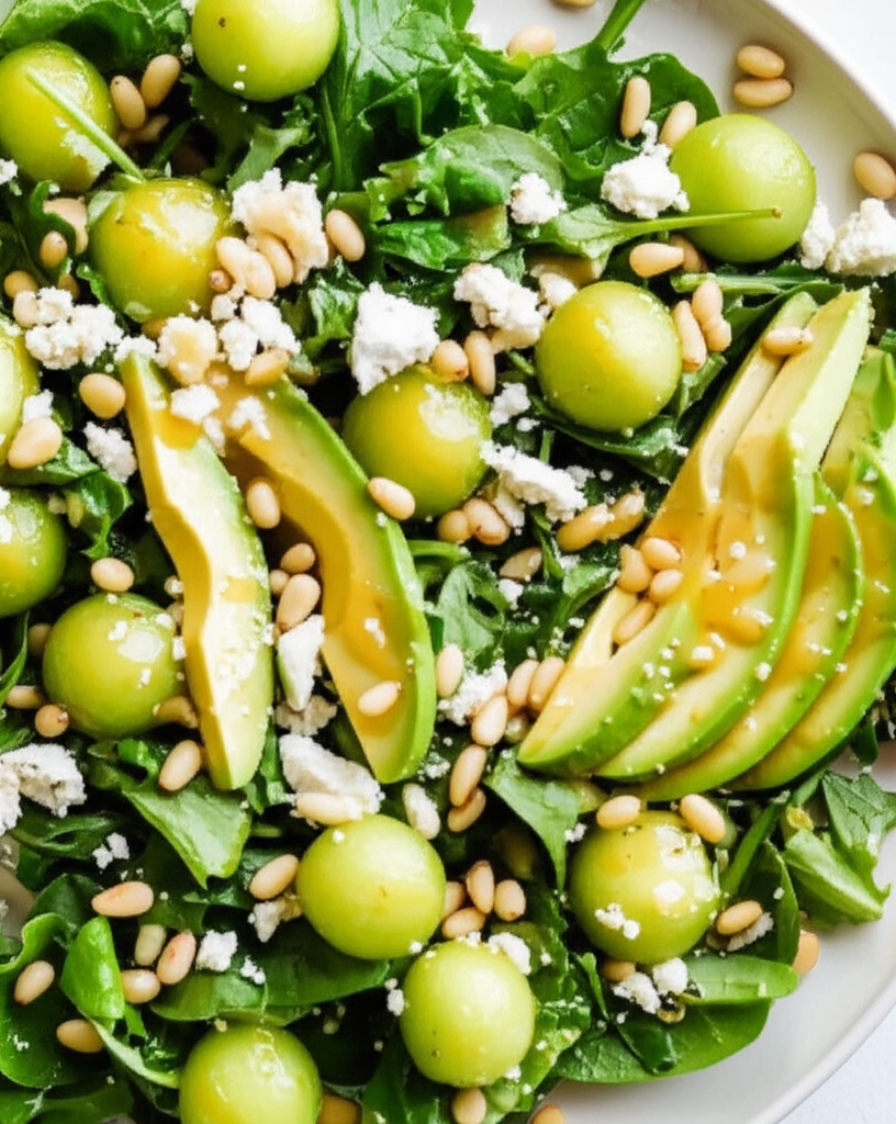 Avocado Feta Honeydew On Greens Topped With Pine Nuts image
