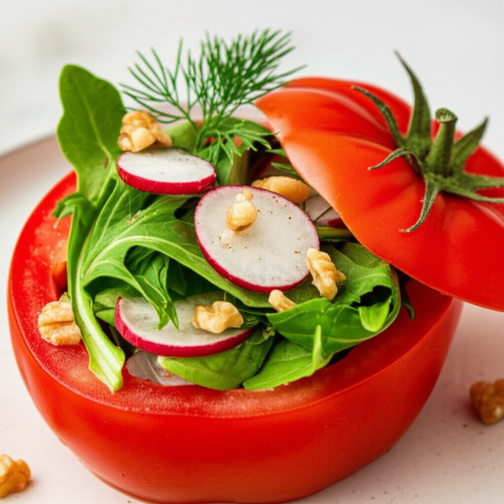 Baby Arugula And Walnut Salad In A Tomato Bowl image