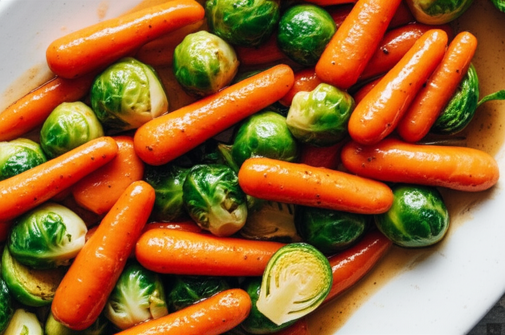 Baby Carrots Brussels Sprouts Glazed With Brown Sugar And Pepper image