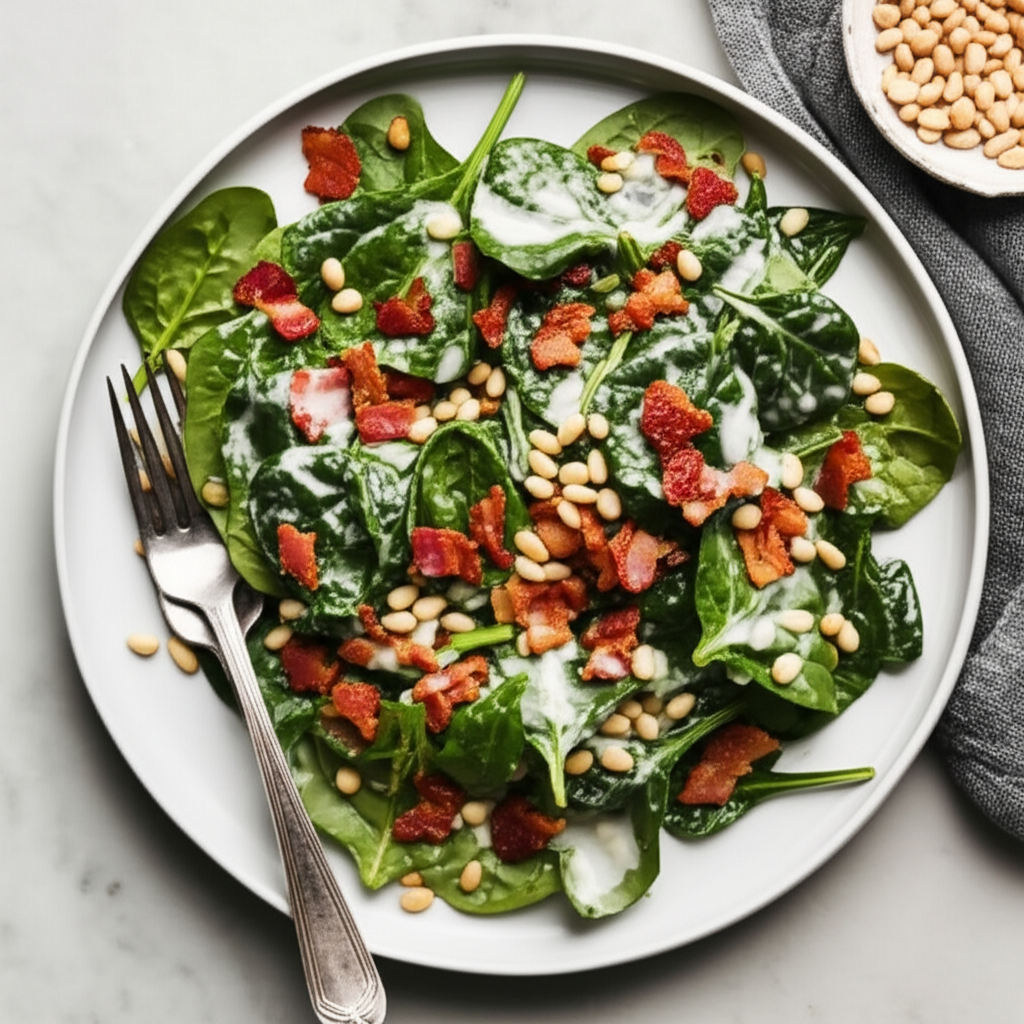 Baby Spinach Pine Nut Salad With Creamy Bacon Dressing image