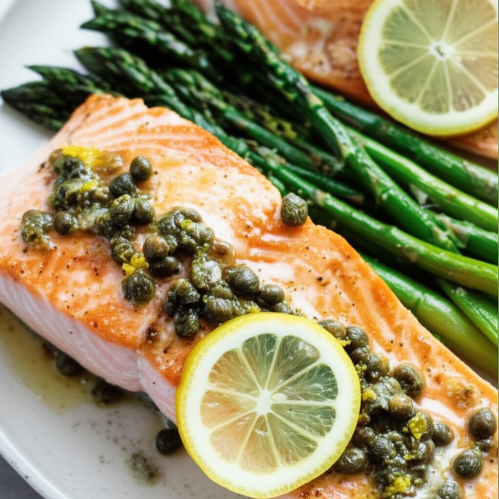 Lemon Butter Salmon With Capers And Asparagus image