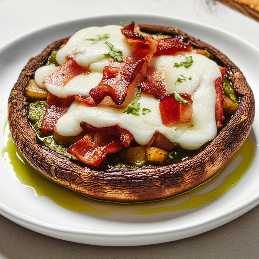 Bacon Mozzarella Topped Portabella Mushroom With Pesto image
