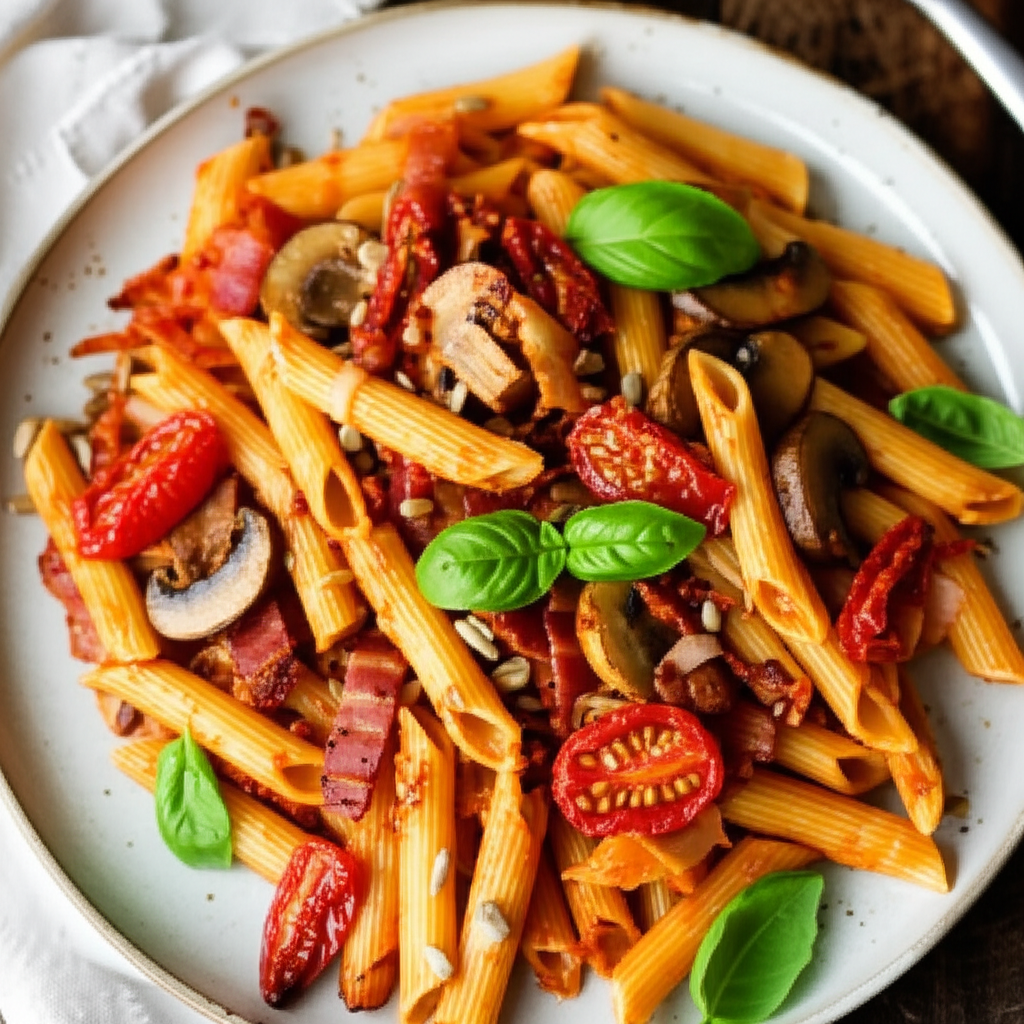 Bacon And Mushroom Penne With Sun Dried Tomato Pesto image
