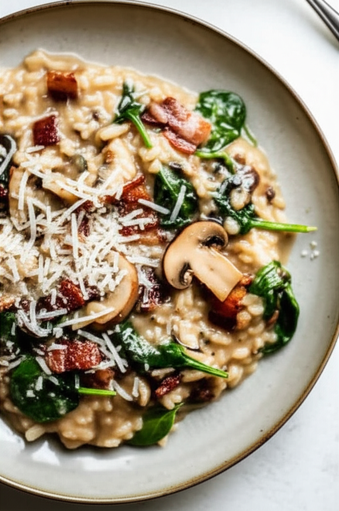 Bacon And Wild Mushroom Risotto With Baby Spinach image