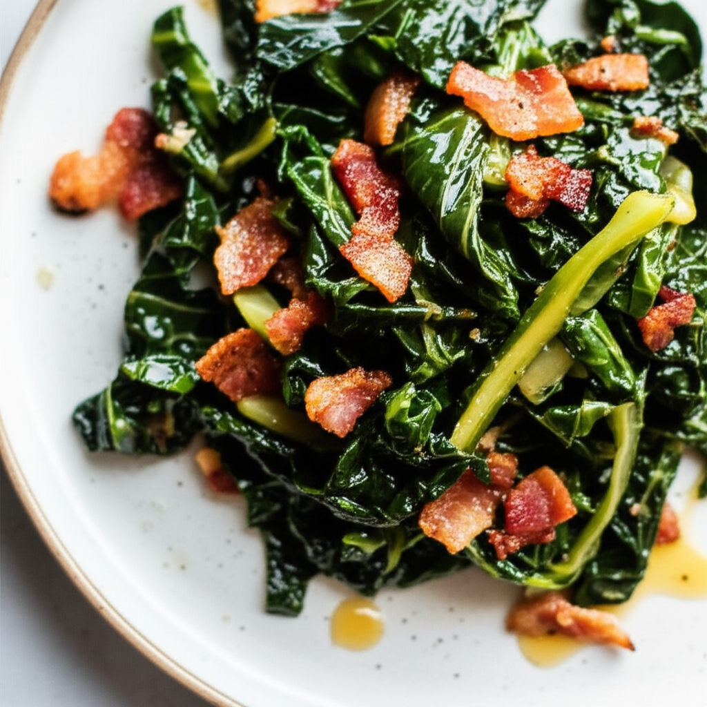 Bacon Cider Sauted Collard Greens Honey Mustard Drizzle image