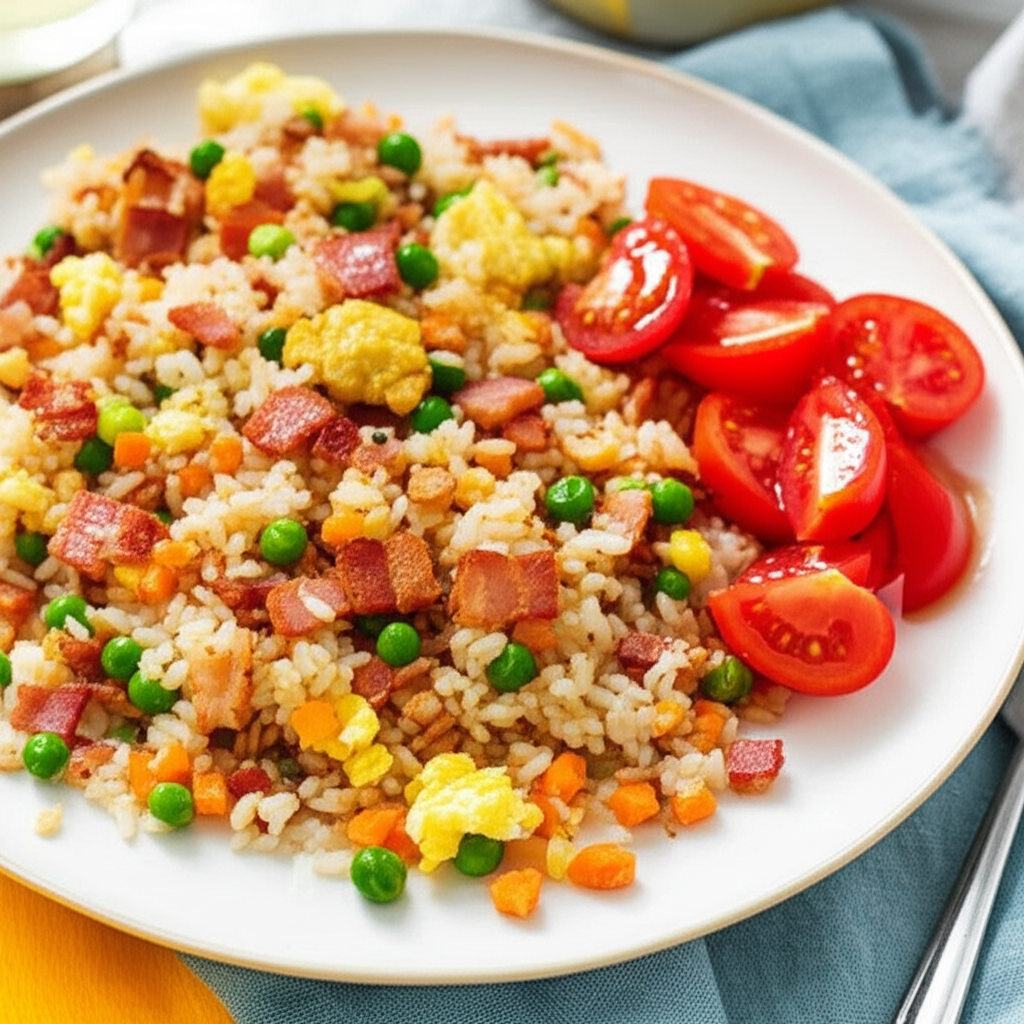 Bacon Fried Rice With A Side Of Tomatoes In Fish Sauce image