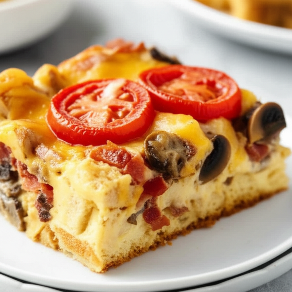 Bacon Mushroom Tomato Cheese Strata Brunch Casserole image