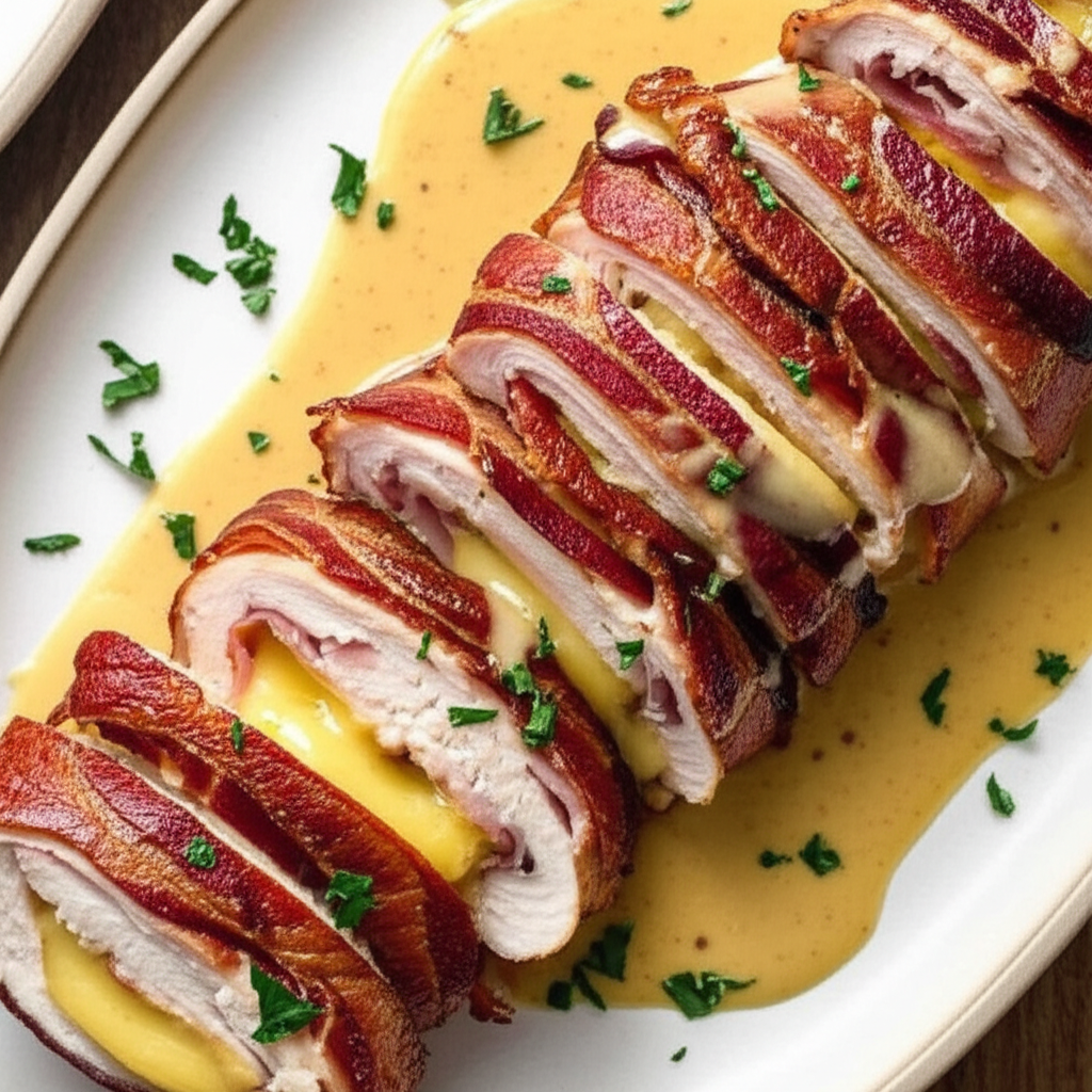 Bacon Wrapped Chicken Cordon Bleu With A Creamy Mustard Wine image