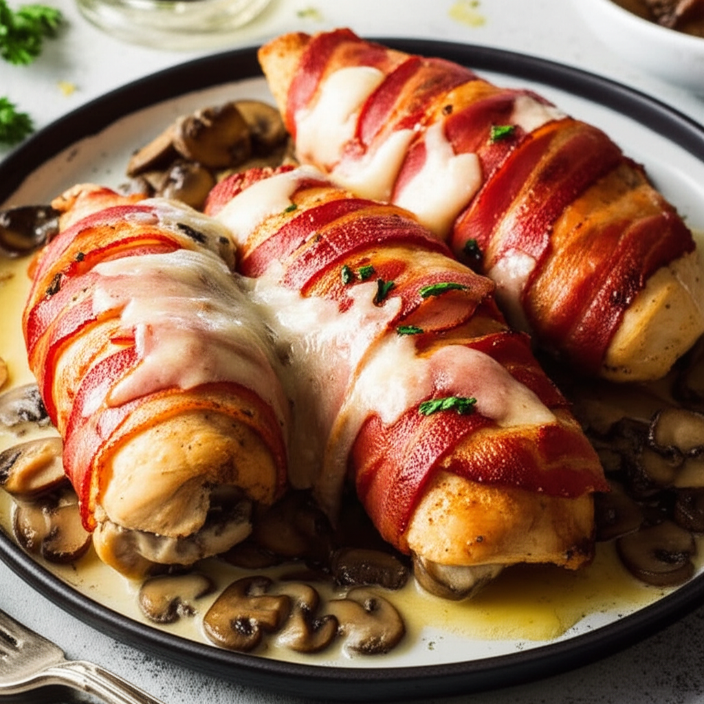 Bacon Wrapped Chicken With Mushrooms image