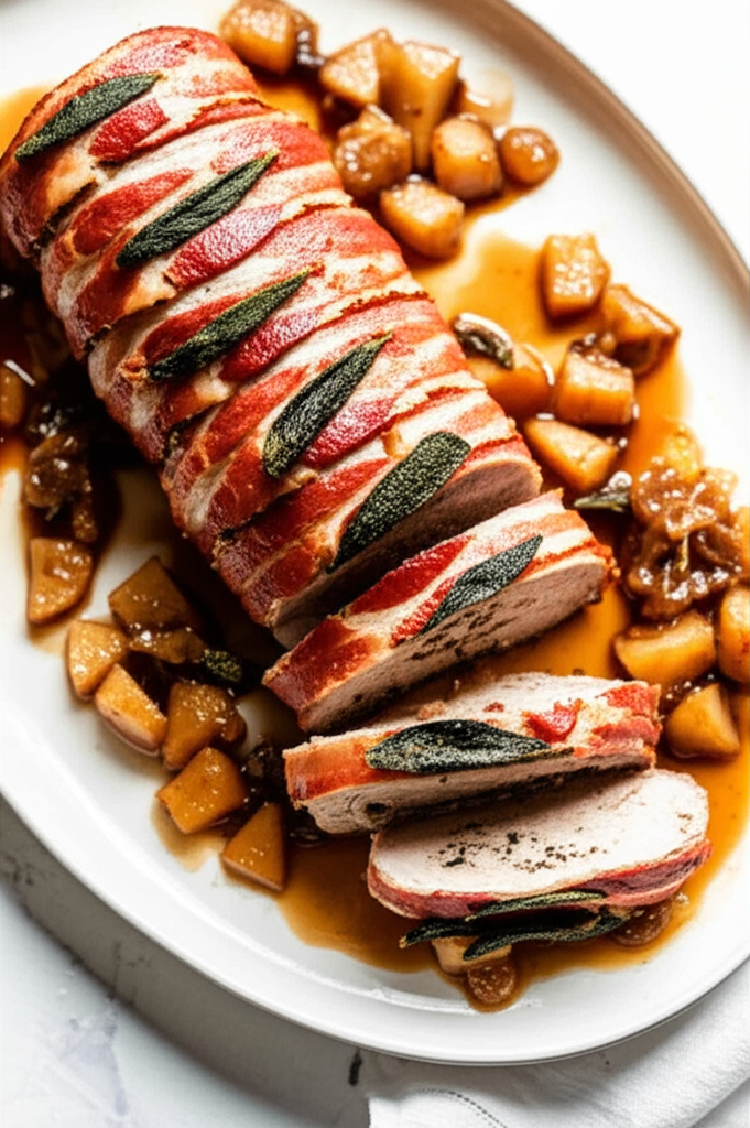 Bacon Wrapped Pork Loin With Apples And Sage image