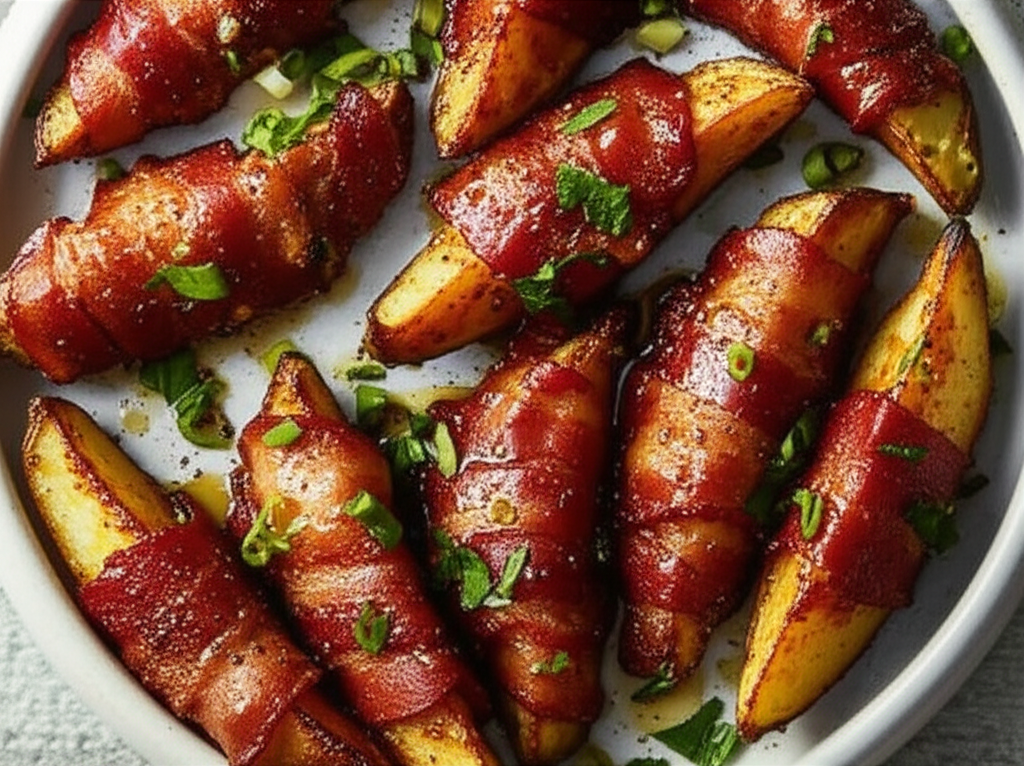 Bacon Wrapped Potato With Honey Scallion Sauce image