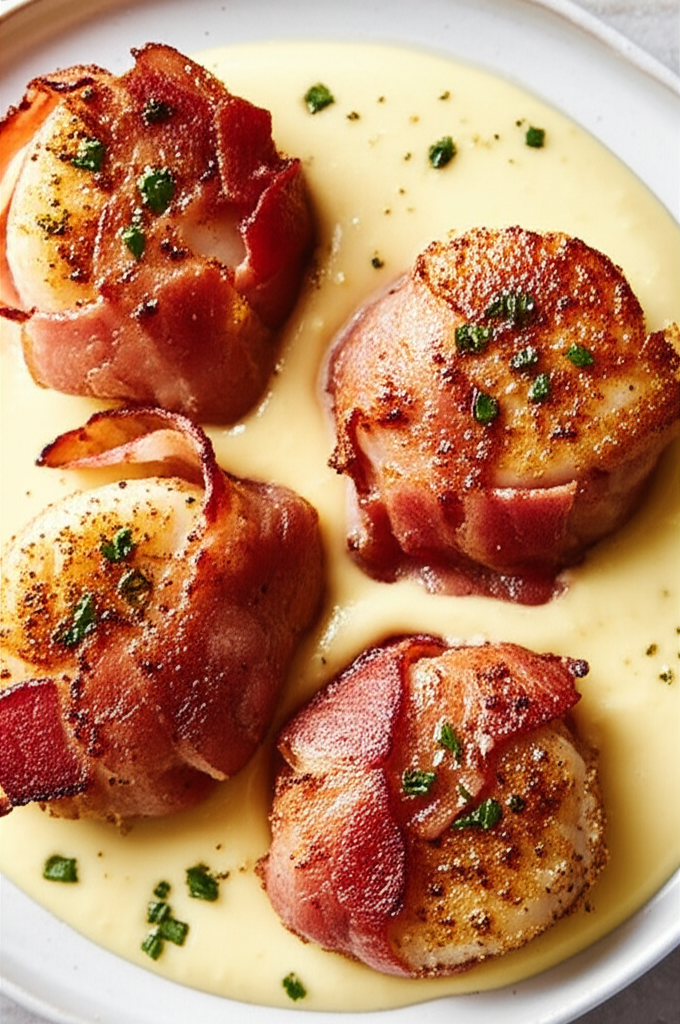 Bacon Wrapped Sea Scallops Served On Creamy Brie Sauce image
