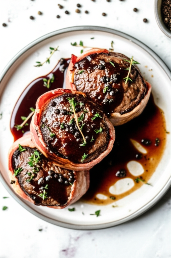 Bacon Wrapped Steak With Balsamic Onion Sauce image