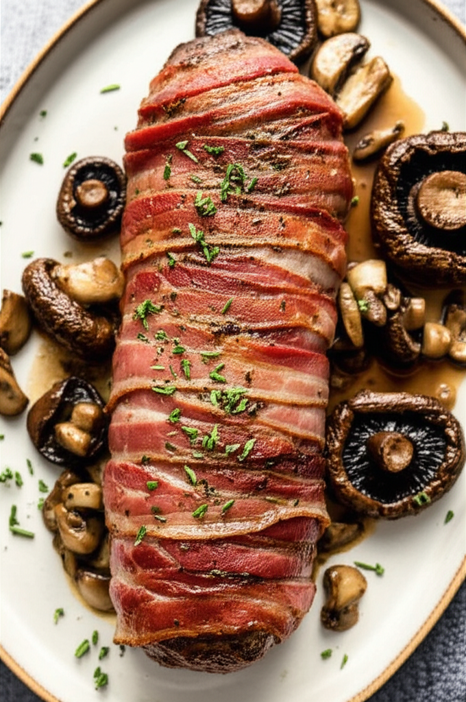 Bacon Wrapped Venison Tenderloin With Portabella Mushrooms image