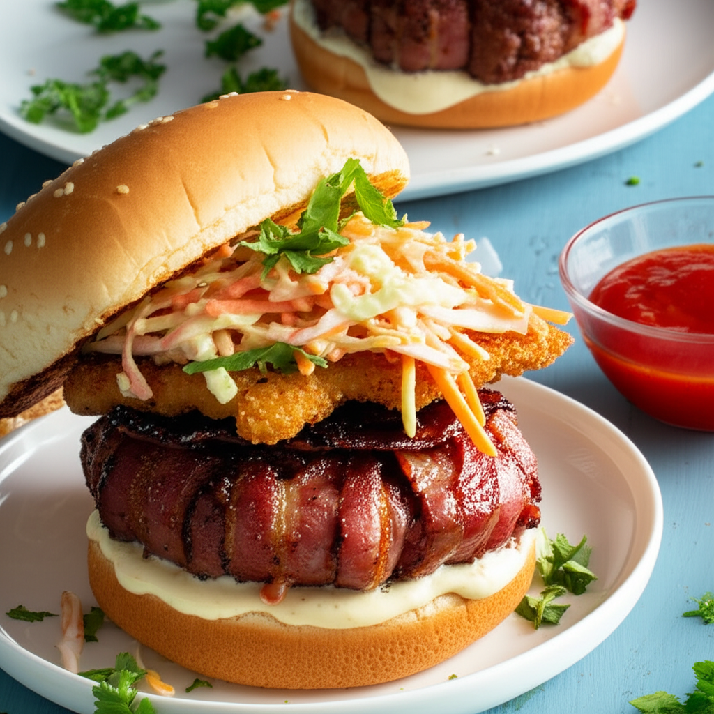 Bacon Wrapped Burger With Fried Pickles Slaw image