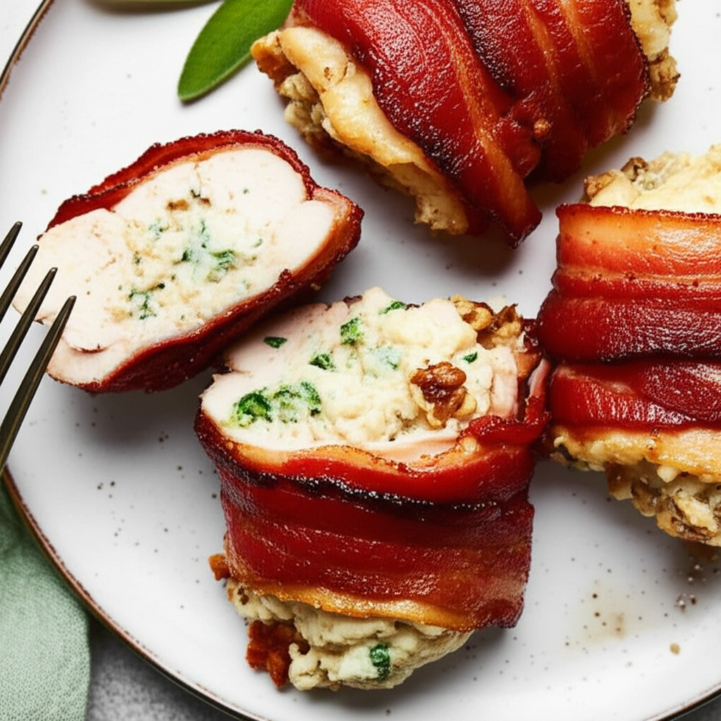 Bacon Wrapped Chicken Breasts With Gorgonzola Walnut Stuffing image