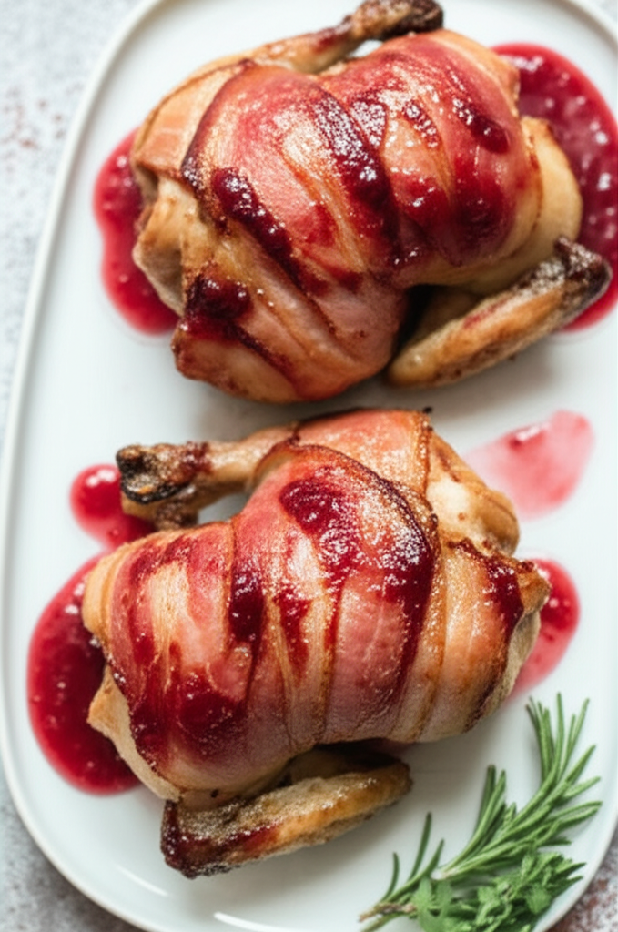 Bacon Wrapped Cornish Game Hens With Raspberry Balsamic Glaze image