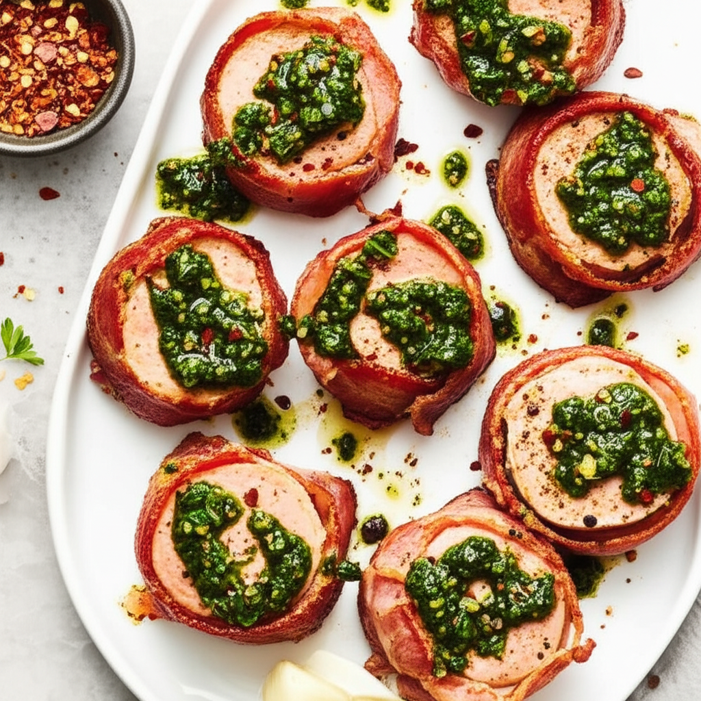 Bacon Wrapped Pork Medallions With Electric Chimichurri Sauce image