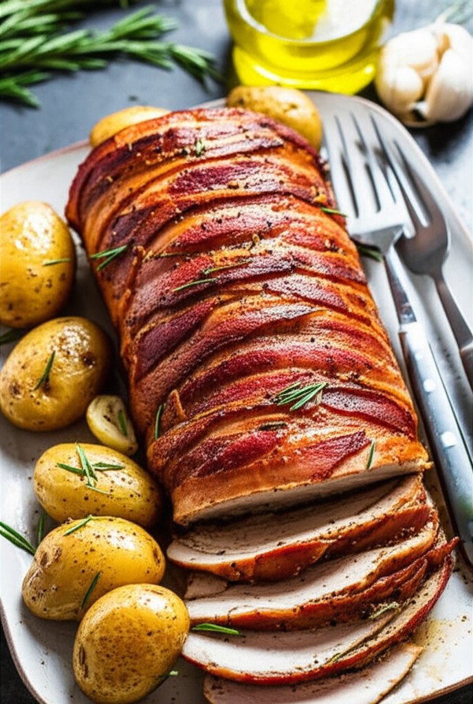 Bacon Wrapped Pork Roast With Potatoes image