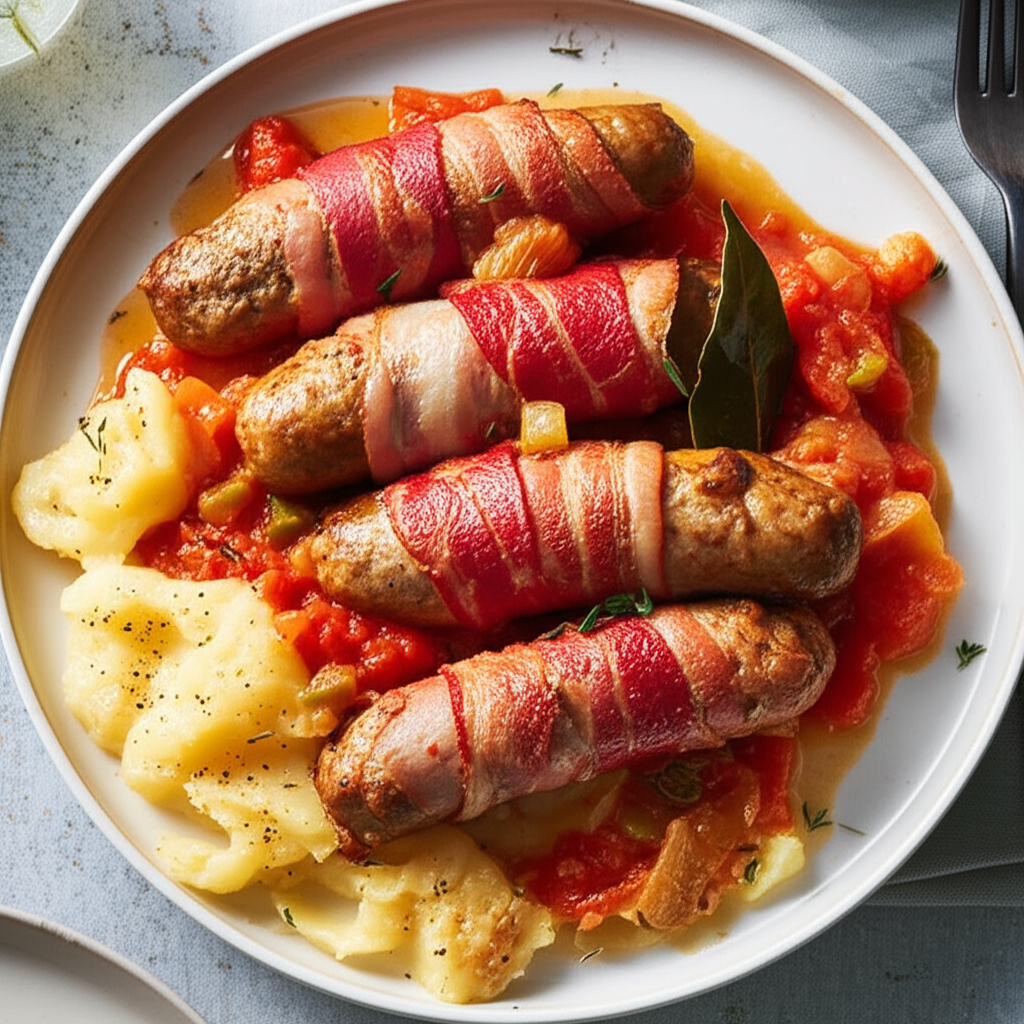 Bacon Wrapped Sausage Casserole With Apple Tomato Sauce image
