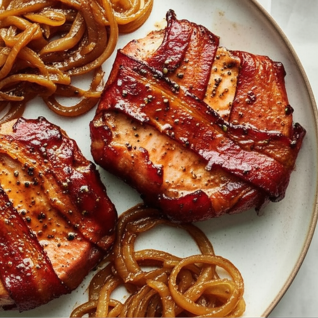 Bacon Wrapped Seasoned Pork Chops With Bar B Q D Onions image