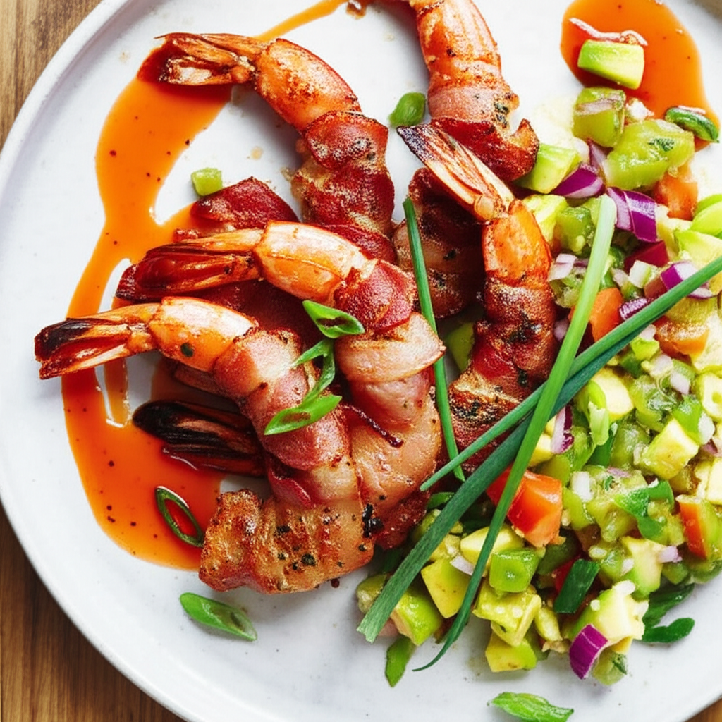 Bacon Wrapped Shrimp With Chunky Tomatillo Salsa And Tomato Vina image