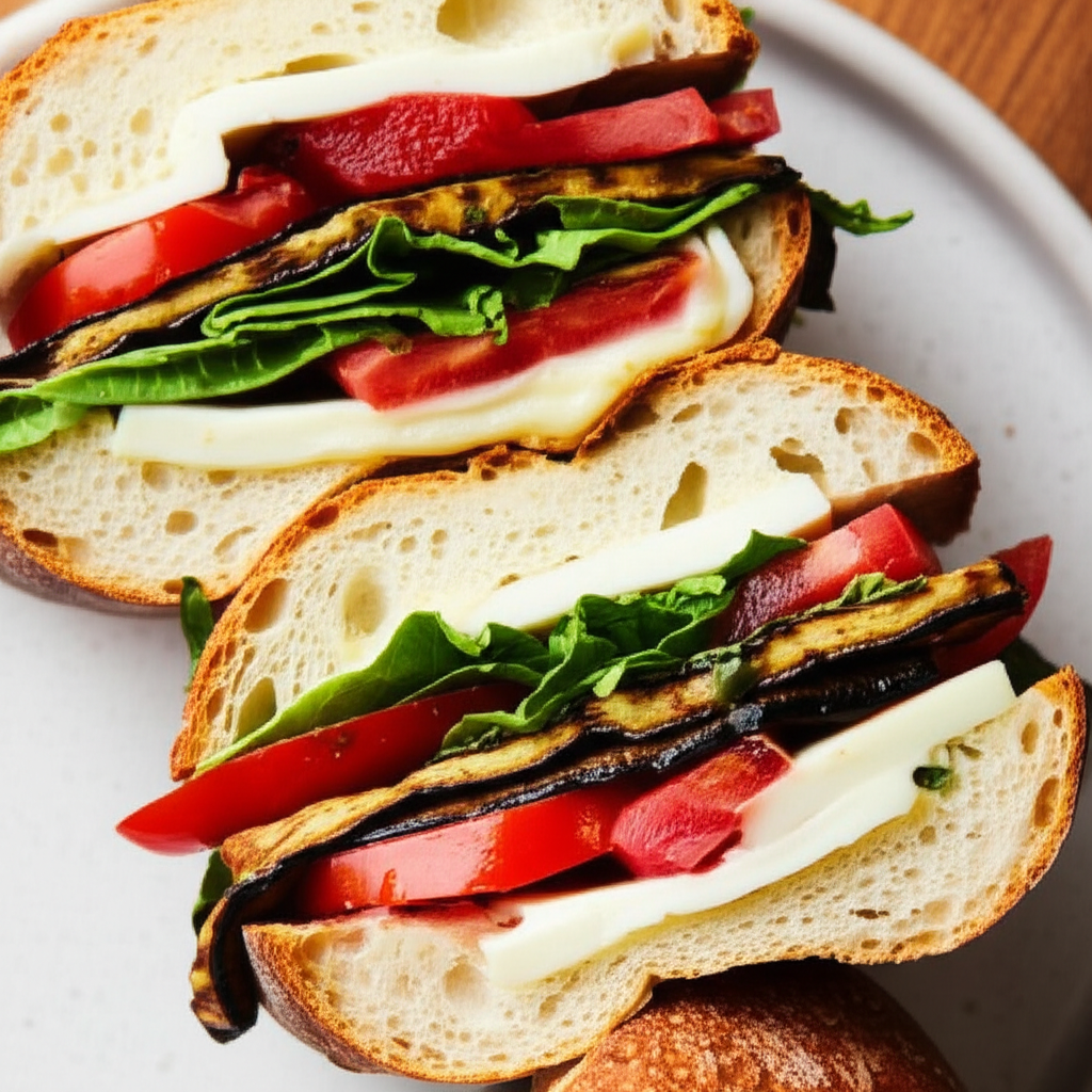 Baguette Sandwich With Roasted Eggplant Tomatoes And Pesto image