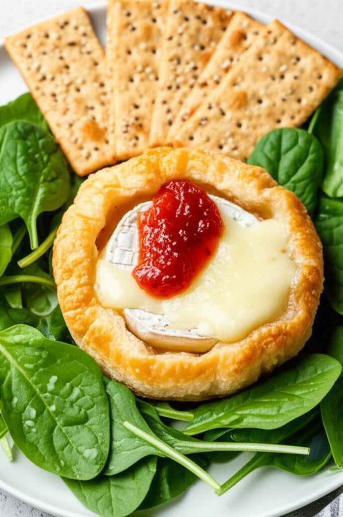 Baked Baby Brie In A Puff Pastry With Chutney And Baby Spinach image