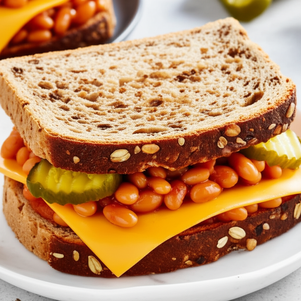 Baked Beans Cheddar And Pickle Sandwich image