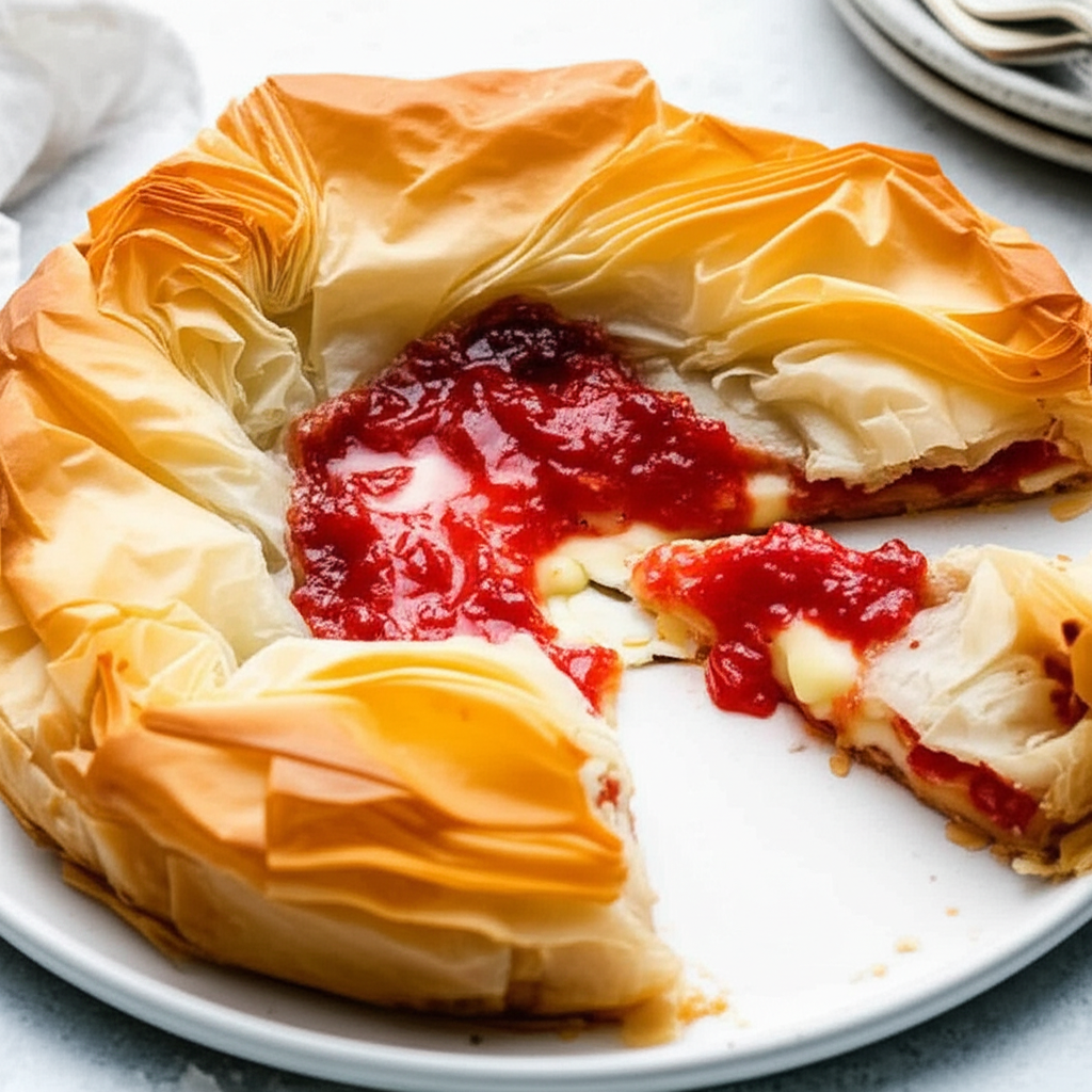 Baked Brie And Red Pepper Jelly Wrapped In Phyllo Pastry image