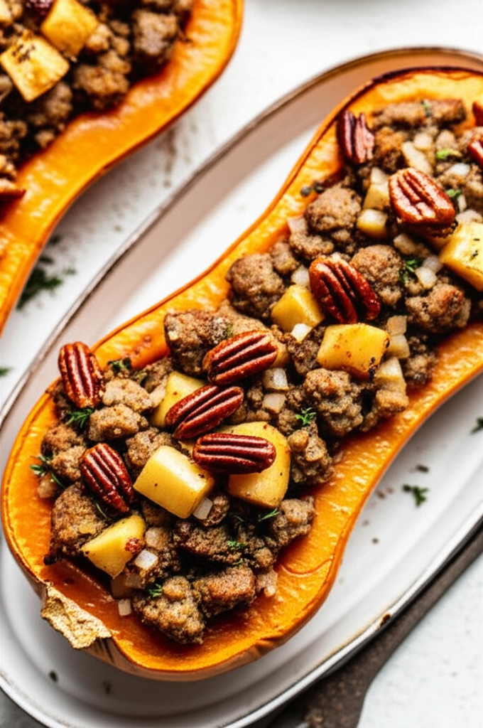 Baked Butternut Squash Stuffed With Apples And Sausage image