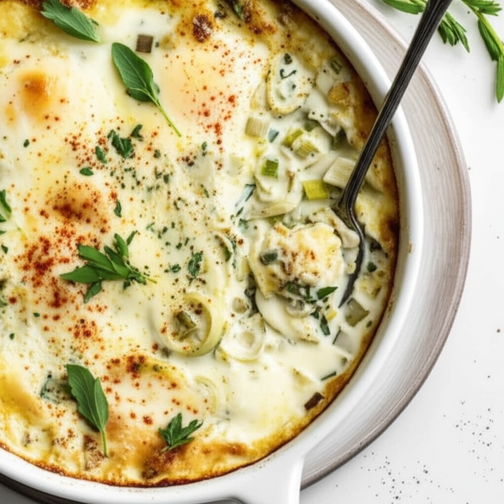 Baked Cheesy Eggs With Leeks And Tarragon image