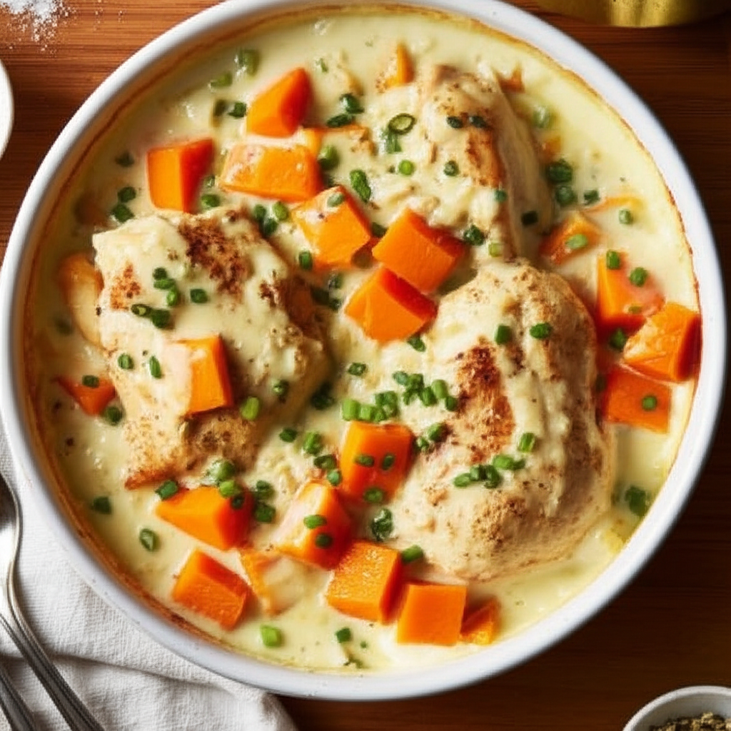 Baked Chicken And Pumpkin With Herbed Cream Sauce image