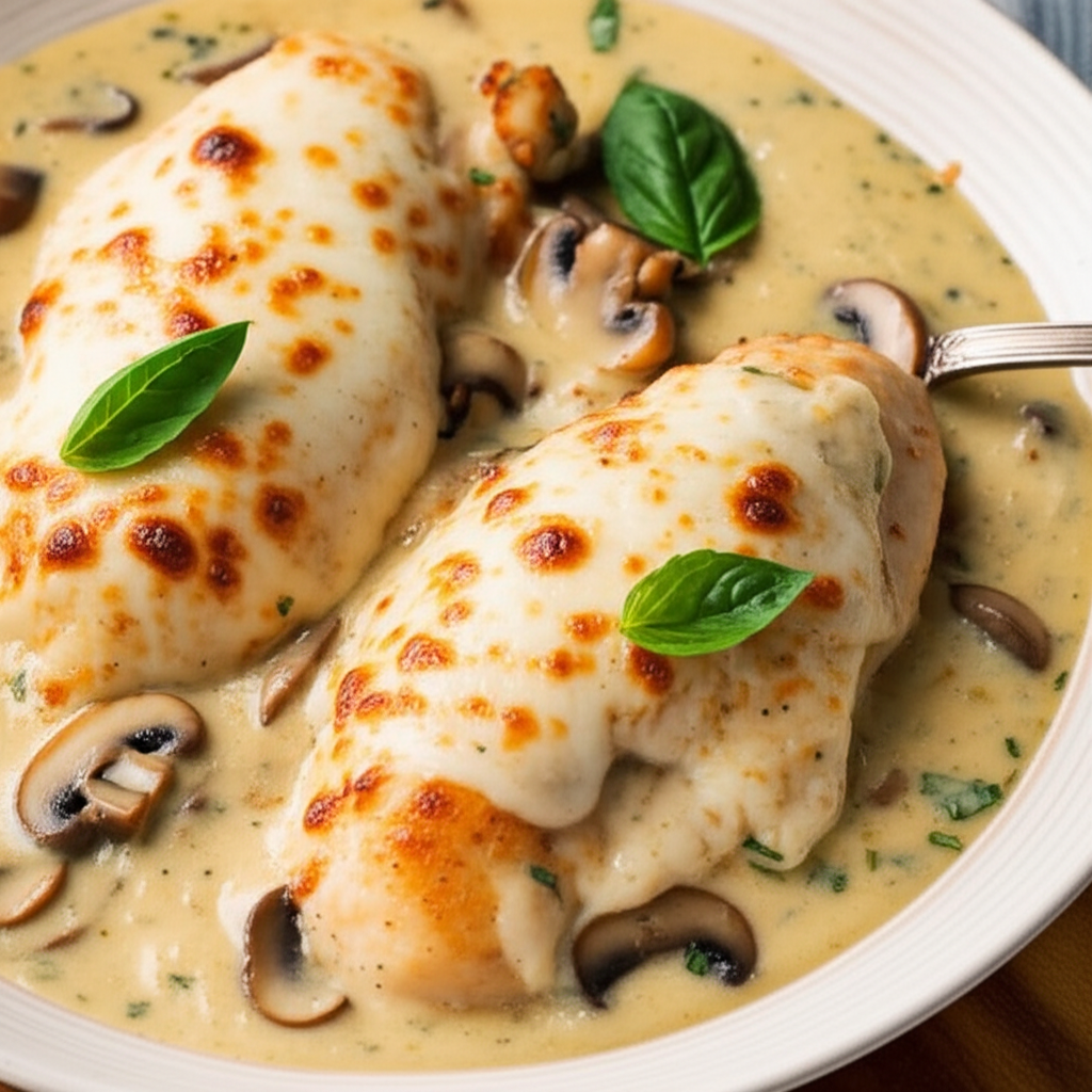Baked Chicken In Cheese Mushroom Sauce image