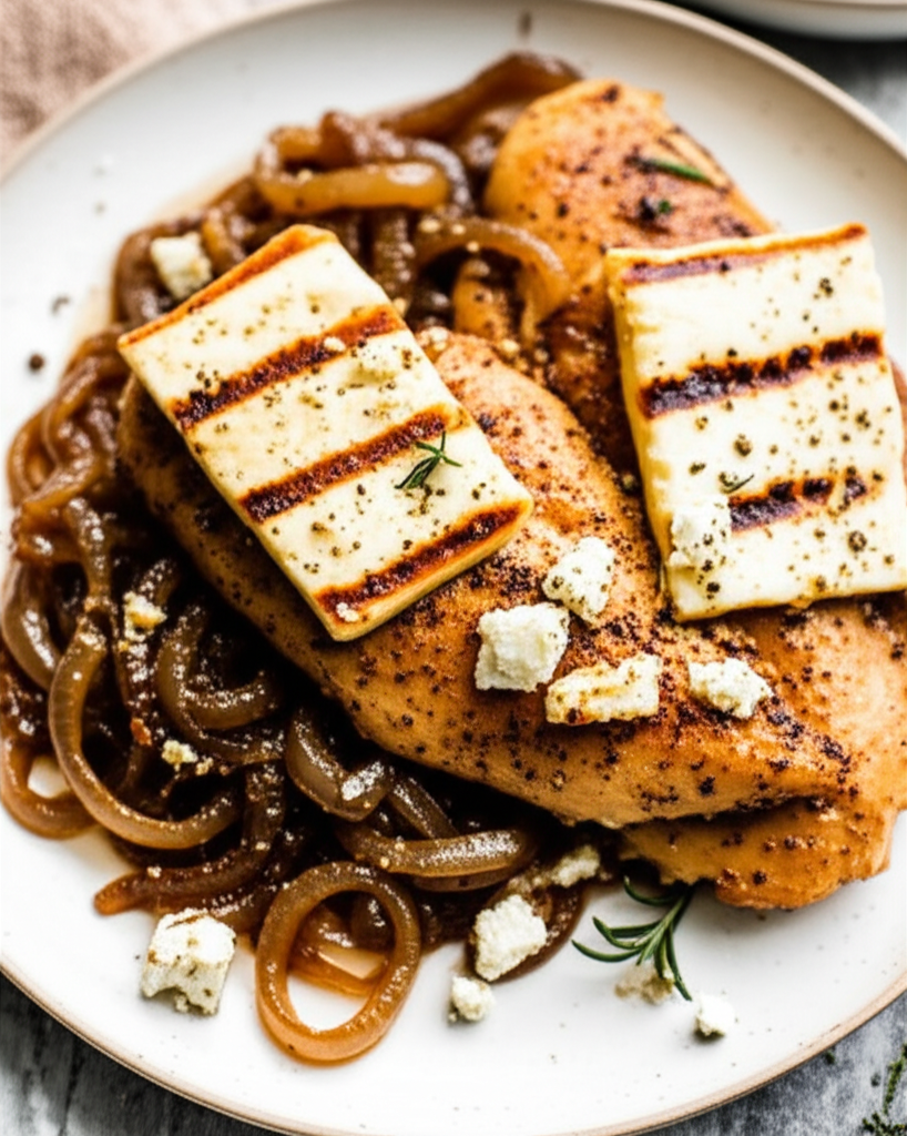 Baked Chicken With Grilled Feta And Caramelized Onions image